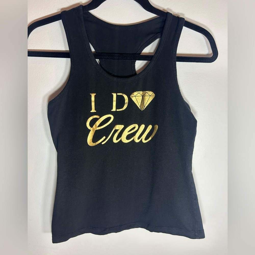 Bride/bridesmaid “I do crew” black racer back tank, size s/m, gd graphic